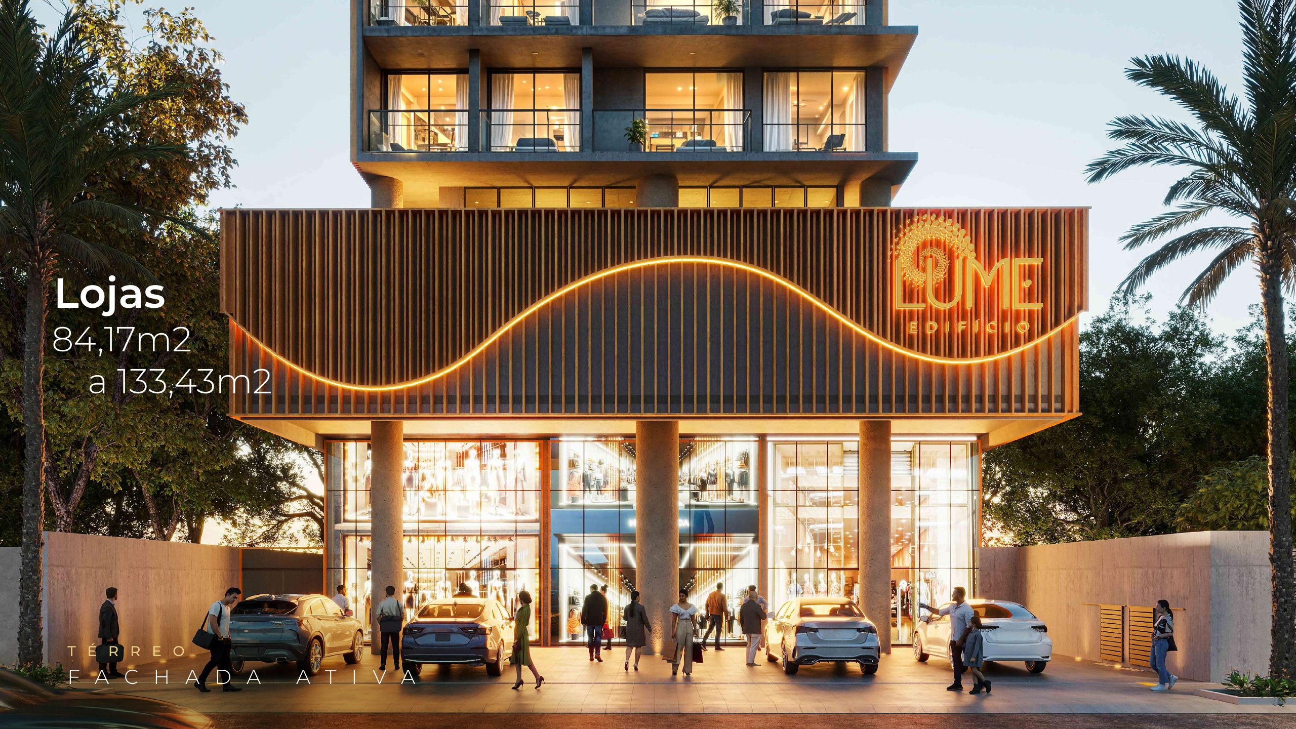 Fachada ativa com 6 lojas internas de 84,17 m² a 133,43 m²